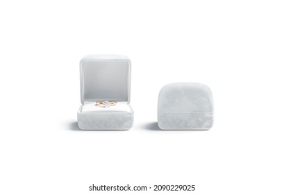 Blank White Opened And Closed Box With Gold Diamond Ring Mockup, 3d Rendering. Empty Compact Case With Engagement Jewel Mock Up, Front View, Isolated. Clear Diamond Accessory For Fiancee Template.