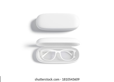 Blank white opened and closed case with glasses mockup, isolated, 3d rendering. Empty leather holder for sunglasses mock up, top view. Clear accessory box with protection specs template.