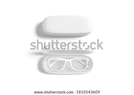 Blank white opened and closed case with glasses mockup, isolated, 3d rendering. Empty leather holder for sunglasses mock up, top view. Clear accessory box with protection specs template.