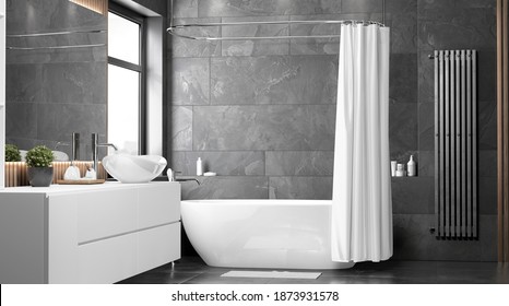 Blank White Opened Shower Curtain Mock Up, Front View, 3d Rendering. Empty Modern Apartment With Bathroom Decor Mockup. Clear Waterproof Slip Liner For Room Furniture Template.