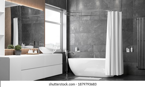 Blank White Opened Shower Curtain Mockup, Half-turned View, 3d Rendering. Empty Polyester Bathtub Shutter For Home Design Mock Up. Clear Waterproof Curtai For Morning Hygiene Template.