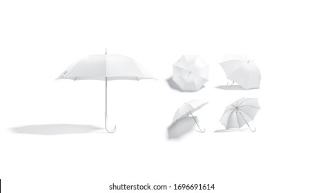 Blank White Opened Umbrella Mockup, Different Views, 3d Rendering. Empty Season Gingham For Rain Or Sun Protect Mock Up, Isolated. Clear Accessory Shelter For Weather Mokcup Template.