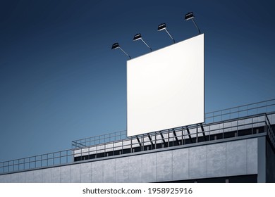 Blank White Outdoor Billboard With Backlights On Industrial Building Rooftop At Night Sky Background. 3D Rendering, Mockup