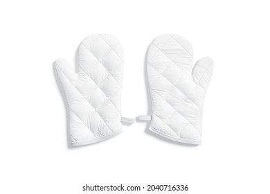 Blank White Oven Mitt Mockup Pair Front, Top View, 3d Rendering. Empty Safety Kitchenware Gantlet For Cooking Mock Up, Isolated. Clear Neoprene Mitten For Culinary Template.