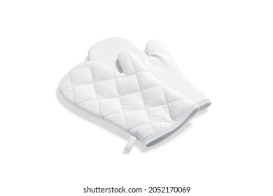 Blank White Oven Mitt Mockup Pair, Side View, 3d Rendering. Empty Neoprene Hot Pad For Arm Protective Mock Up, Isolated. Clear Textile Holder Or Oven-glove For Culinary Template.