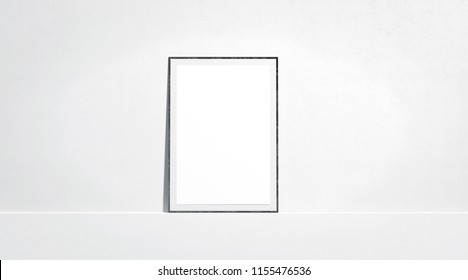 Blank White Paper Poster Mock Up Stand At Gallery Wall, Front View, Isolated, 3d Rendering. Empty Placard With Frame In Museum Mockup. Clear Photo Art Cadre Template