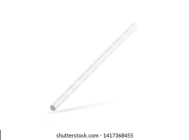 Blank white paper straw no gravity mockup isolated, 3d rendering. Clear drink tubule striped mock up. Empty pipe of plastic or cardboard for water. Clean disposable straw for cocktails template.