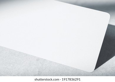 Blank White Paper Texture Of Gift Card At Abstract Concrete Background. Modern Decoration Concept. Mockup. 3D Rendering.