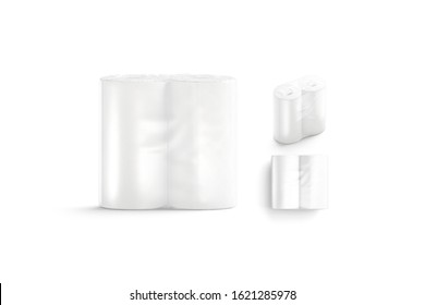 Blank White Paper Towel Transparent Pack Mock Up, Different Sides, 3d Rendering. Empty Poly Roll In Cellophane Package Mockup, Isolated. Clear Kitchen Or Bathroom Single-use Napkin Mokcup Template.