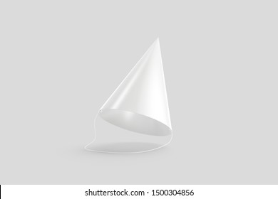 Blank White Party Hat Mockup, Isolated On Gray Background, 3d Rendering. Empty Headwear For Rave-up Mock Up. Clear Jolly Costume For Carnival Or Festival Design Template.