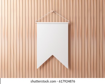 Blank White Pennant Hanging On Wooden Wall, 3d Rendering