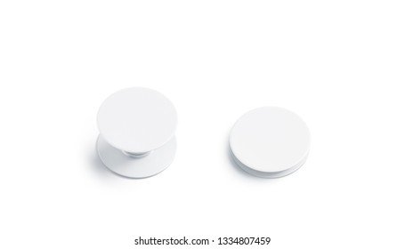 Blank White Phone Pop Socket Mock Up, Isolated, Top View, 3d Rendering. Empty Folded And Unfolded Mobile Accessory Mockup. Clear Adhesive Cellphone Button For Company Branding Template.