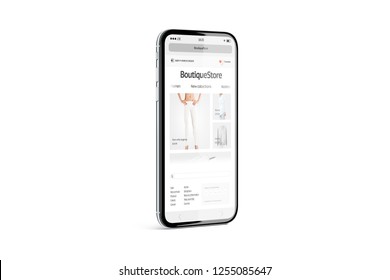 Blank White Phone Screen With Fashion Store Mockup, Isolated, 3d Rendering. Empty Webstore On Smartphone Mock Up. Online Page With Clothes Boutique Template. Website Interface On Scren.