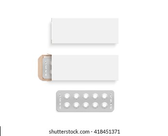 Blank White Pill Box Design Mockup Set, Isolated, 3d Illustration. Clear Blister Pillbox Template Mock Up. Open And Close Tablets Cardboard Container. Blister Pill Boxing With Drug Capsule Branding