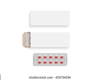 Blank White Pill Box Design Mockup Set, Isolated, 3d Illustration. Clear Blister Pillbox Template Mock Up. Open And Close Red Tablets Cardboard Container. Blister Pill Boxing With Drug Colored Capsule