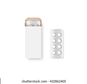 Blank White Pill Box Design Mockup Set, Isolated, 3d Illustration. Clear Blister Pillbox Template Mock Up. Opened Tablets Cardboard Container. Blister Pill Boxing With Drug Capsule Branding