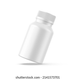 Blank White Pill Jar Mockup Template, Matte Medicine Bottle For Capsules And Tablets On Isolated White Background, 3d Illustration 