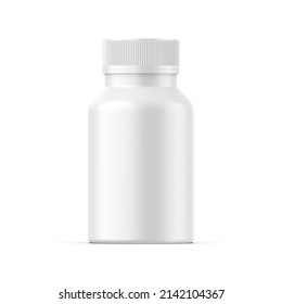Blank White Pill Jar Mockup Template, Matte Medicine Bottle For Capsules And Tablets On Isolated White Background, 3d Illustration 