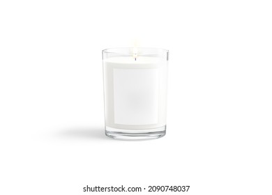 Blank White Pillar Candle In Glass Jar With Label Mockup, 3d Rendering. Empty Glowing Decorative Aroma Tumbler For Votive Or Spa Mock Up, Front View, Isolated. Clear Christmas Wax Fire Template.