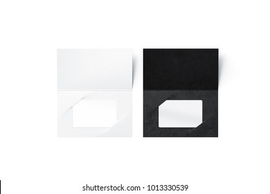 Blank white plastic card mock up inside black and clear paper booklet holder, 3d rendering. Loyalty program folded brochure with certificate mockup. Customer loyal booklet envelope template.