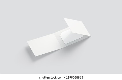 Blank White Plastic Card Mock Up Inside Opened Paper Booklet Holder, 3d Rendering. Empty Ajar Brochure With Gift Card Mockup, Side View. Clear Loyalty Program In Handmade Envelope Template.