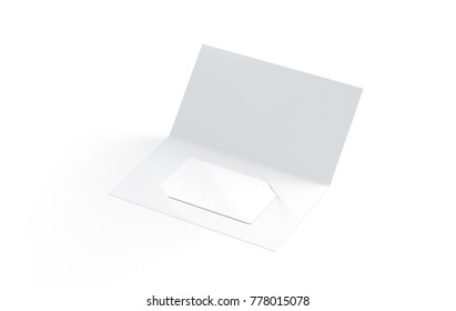 Blank White Plastic Card Mock Up Inside Paper Booklet Holder, 3d Rendering. Clear Loyalty Program Folded Brochure With Certificate Mockup. Customer Loyal Booklet Envelope Template.