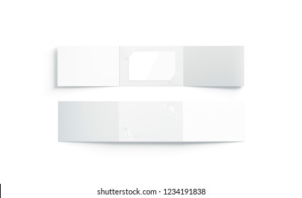 Blank white plastic card mockup inside opened paper booklet holder, front and back side, 3d rendering. Empty certificate in leaflet mock up, isolated. Disclosed packaging for namecard, top view.
