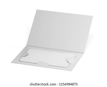 Blank White Plastic Card Mockup Inside Paper Booklet Holder. 3d Rendering. Folded Brochure With Certificate Mock Up. Bonus Card Envelope.