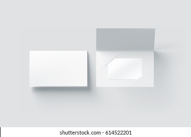Blank white plastic card mockup inside paper booklet holder, top view, 3d rendering. Clear loyalty program folded brochure with certificate mock up, opened and closed. Customer loyal booklet envelope.