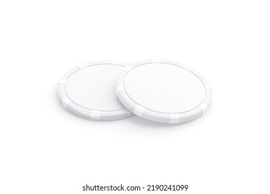 Blank White Plastic Round Chip Mockup Pair, Side View, 3d Rendering. Empty Gambler Currency For Full House Or Poker Game Mock Up, Isolated. Clear Two Badge Or Roulette Token Template. 3D Illustration