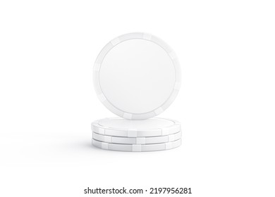 Blank White Plastic Round Chip Mockup Stand On Stack, Isolated, 3d Rendering. Empty Finance Game Token Stacked Mock Up, Front View. Clear Cash Badge For Board Games Betting Template. 3D Illustration