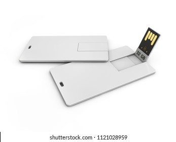 Blank White Plastic Wafer Usb Card Mockup, 3d Illustration. Visiting Flash Drive Namecard Mock Up