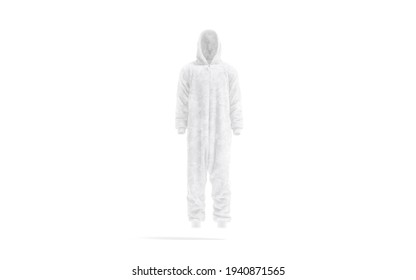 Blank White Plush Jumpsuit With Hood Mockup, Front View, 3d Rendering. Empty Fleece Hooded Kigurumi Pajamas Mock Up, Isolated. Clear Female Or Male Onesie Sleepwear Template.