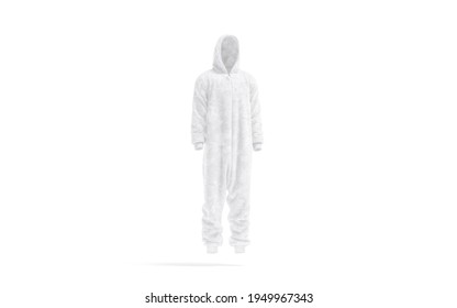 Blank White Plush Jumpsuit With Hood Mockup, Side View, 3d Rendering. Empty Velour Night Costume For Pajamas Party Mock Up, Isolated. Clear Warm Hooded Onesie Template.