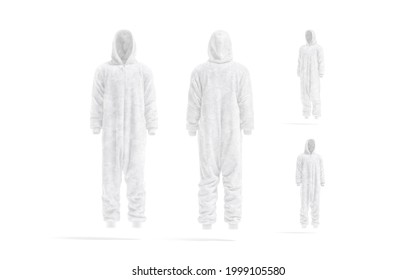 Blank White Plush Jumpsuit With Hood Mockup, Different Views, 3d Rendering. Empty Hooded Homewear For Bedtime Mock Up, Isolated. Clear Fleece Onesie Model For Sleepover Template.