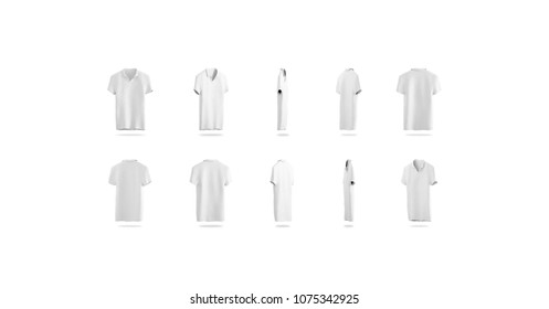 Blank White Polo Mock Up Rotation Different Sides, Isolated, 3d Rendering. Empty Sport T-shirt Uniform Mockup. Plain Clothing Design Template. Cotton Clear Poloshirt With Collar And Short Sleeves