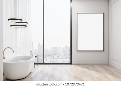 Blank White Poster In Black Frame On Light Wall Near Big Window With City View In Modern Style Bathroom With White Bath And Black Lamps. 3D Rendering, Mockup