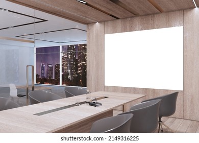 Blank White Poster With Copyspace For Your Logo On Wooden Wall In Modern Conference Room With Wooden Table, Glossy Chairs And Transparent Doors. 3D Rendering, Mockup