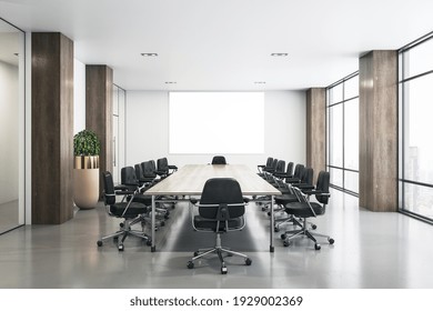 Blank white poster in modern conference room with big wooden table and columns, black chairs, glossy floor and big window. 3D rendering, mockup