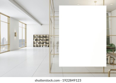 Blank White Poster On Glass Wall Of Modern Cabinet In Spacious Light Office With Golden Decor Elements And Big Windows. Mock Up. 3D Rendering