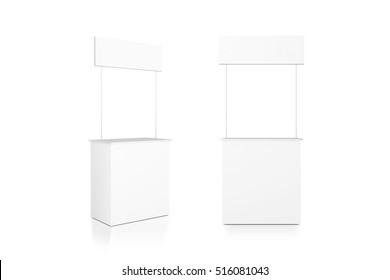 Blank White Promo Counter Mockup Stand, Front And Side View, Clipping Path, 3d Rendering. Promotional Pop Up Exhibition Mock Up.