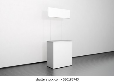 Blank White Promo Counter Mockup Stand Near The Wall, Side View, Clipping Path, 3d Rendering