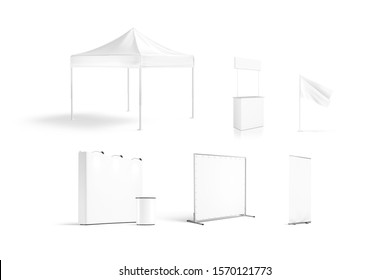 Blank White Promotion Trade Stand Mockup Set Isolated, 3d Rendering. Empty Booth And Tent For Company Exposition Mock Up. Clear Promo Counter, Flag And Roll-up For Logotype Mokcup Template.