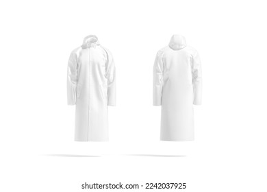 Blank white protective raincoat mockup, front and back view, 3d rendering. Empty autumn oversized outerwear for rainy protection mock up, isolated. Clear casual waterproof jacket. 3D Illustration