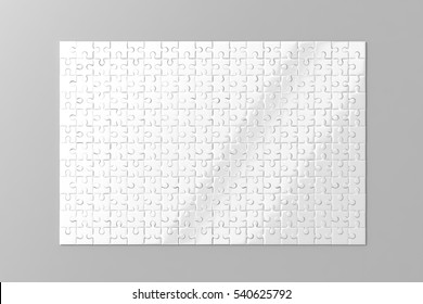 Blank White Puzzles Game Mockup, 3d Rendering. Clear Jigsaw Pieces Connected Together, Design Mock Up. Big Board Toy Template. Space Plastic Surface For Picture Presentation Isolated, Grey Background