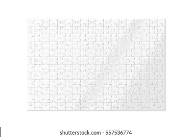 Blank White Puzzles Game Mockup Isolated, 3d Rendering. Clear Jigsaw Pieces Connected Together, Design Mock Up. Big Board Toy Template.