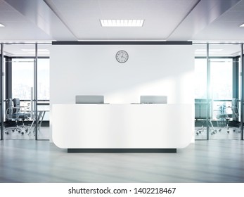 Blank White Reception Desk In Bright Concrete Office With Large Windows Mockup 3D Rendering