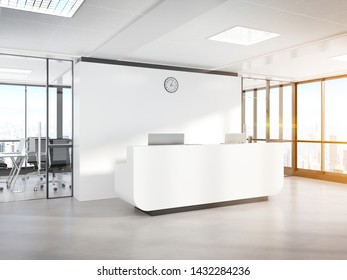 Blank White Reception Desk In Bright Concrete Office With Large Windows Mockup 3D Rendering