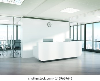 Blank White Reception Desk In Bright Concrete Office With Large Windows Mockup 3D Rendering