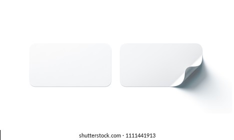 Blank White Rectangle Adhesive Stickers Mock Up With Curved Corner, 3d Rendering. Empty Oblong Sticky Label Mockup With Curl. Clear Adherent Tag Template For Glass Door Or Wall.